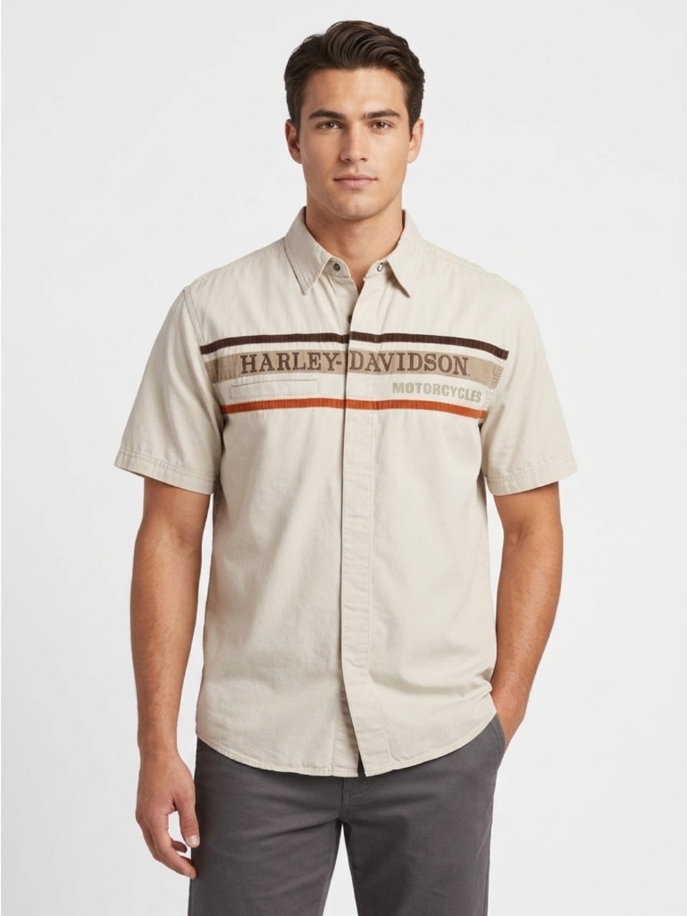 Harley-Davidson Y2K Short Sleeve Button Down Shirt Striped Graphic Beige Men's L